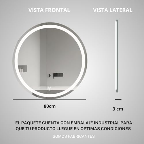 Decoramex - Espejo de Baño Inteligente Led Esmerilado 3 tonalidades Luz Blanca, Calida, Neutra, Dimmer, Maquillaje, Elegante para Tu Baño (80cm)