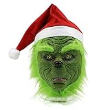 Ochine Grinch Mask with Red Santa Hat - Latex Full Face Mask Costume for Halloween and Christmas