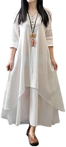Women Casual Loose Dress Solid Long Sleeve Cotton Retro Boho Long Dress Plus Size White 5XL