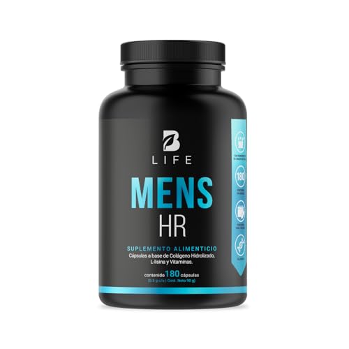 B Life Company Vitaminas para el Cabello del Hombre 180 Cápsulas 500 mg por cápsula. Colágeno Hidrolizado, L Lysina, Zinc, B5, B6, Biotina y D3. Ingredientes naturales. Mens HR.
