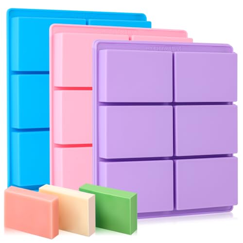 SJ Silicone Soap Molds 3 Packs, Rectangle Soap Molds for Soap Making, 6 Cavity Mold for Homemade Craft Soap Mold, Jelly, Chocolate & Ice Cube Trays(Blue, Purple & Pink)