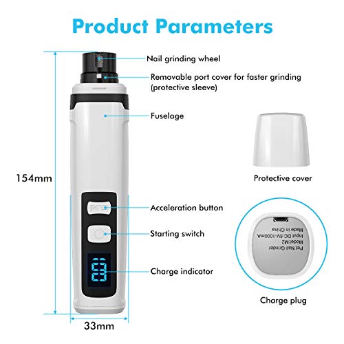Blusmart Dog Nail Grinder Electric Pet Nail Trimmer Professional Dog Nail Trimmer Rechargeable 2 Speed Painless Paws Grooming Smoothing Quiet Pet Nail Trimmer for Small Medium Large Dog & Cat