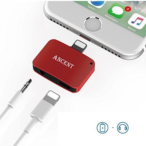2 in 1 Lightning Splitter Adapter for iPhone 7/7 Plus,Ancent Lightning to Aux Audio Headphone and Charge Cable Splitter Compatible for iOS 10.3-Red