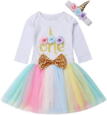 3Pcs Unicorn 1st Birthday Girl Outfit Newborn Baby One Romper Bodysuit Tops+Tutu Skirt Dress+Headbands Clothes Set Pink