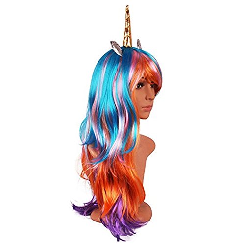 image for Expression Gifts Unicorn Wig - Multi Color Rainbow Wig With Unicorn Ho