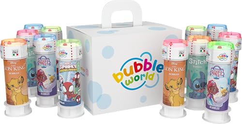 Bubble World - Bolle di sapone DISNEY/MARVEL MIX per bambini - Party Pack 12 pz da 60 ml - Gadget compleanno a tema Eroi e Principesse - Made in Italy