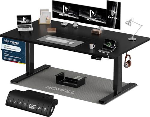 Homall Höhenverstellbarer Schreibtisch 160x80cm mit USB-A Ladeanschluss, Elektrischer Schreibtisch mit Kabel Management Tray, Standing Desk mit 3 Memo