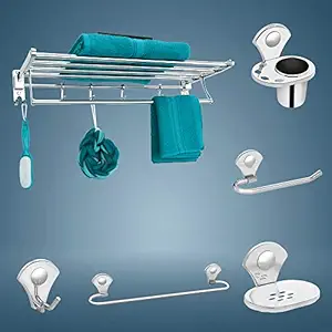 Plantex Bathroom Accessories - Stainless Steel 6pcs Bathroom Organizer Set- Towel Rack/Towel Rod/Soap Holder/Tumbler Holder/Robe Hook(Chrome)