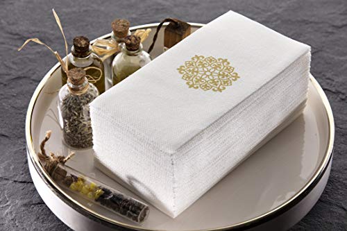 Linen-Feel Guest Towels | Decorative Bathroom Napkins | Soft, Absorbent Disposable Paper Hand Towels for Kitchen, Bathroom, Parties, Weddings, Dinners Or Events White and Gold Napkins 100 Pack - Thumbnail 3