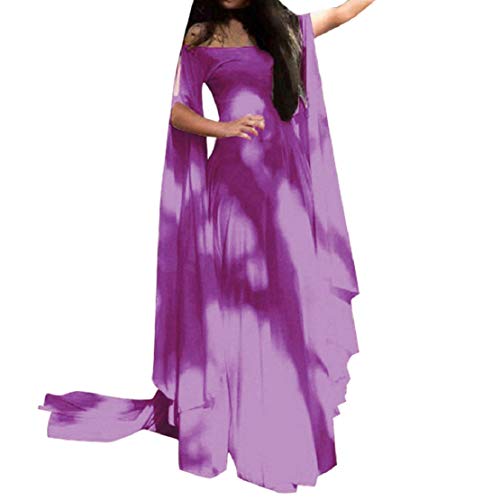 Women Hollow Trumpet Sleeve Flare Dress Off Shoulder Vintage Party Club Elegant Performance Medieval Costume by Lowprofile Purple