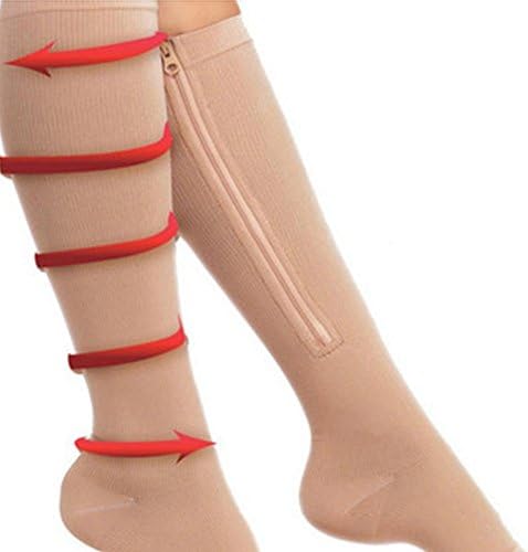 Zipper Compression Socks for Men Women with Toe Open Design Zipper Leg Support Knee-High Stockings (Skin Color XXL)