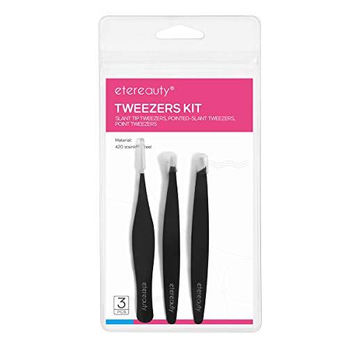 Tweezers Set - Etereauty 3 Pieces Professional Stainless Steel Slant Tip And Pointed Eyebrow Tweezers Set For Facial Hair, Ingrown Hair, Splinter
