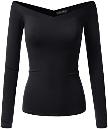 Sheshine Women Long Sleeve Slim Fit Stretch Crop Top Off-Shoulder V Neck T-Shirt