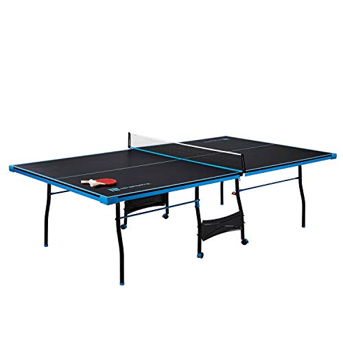 MD Sports Table Tennis Set, Regulation Ping Pong Table with Net, Paddles and Balls (8 Pieces) - Black & Light Blue (Best Table Tennis Match)