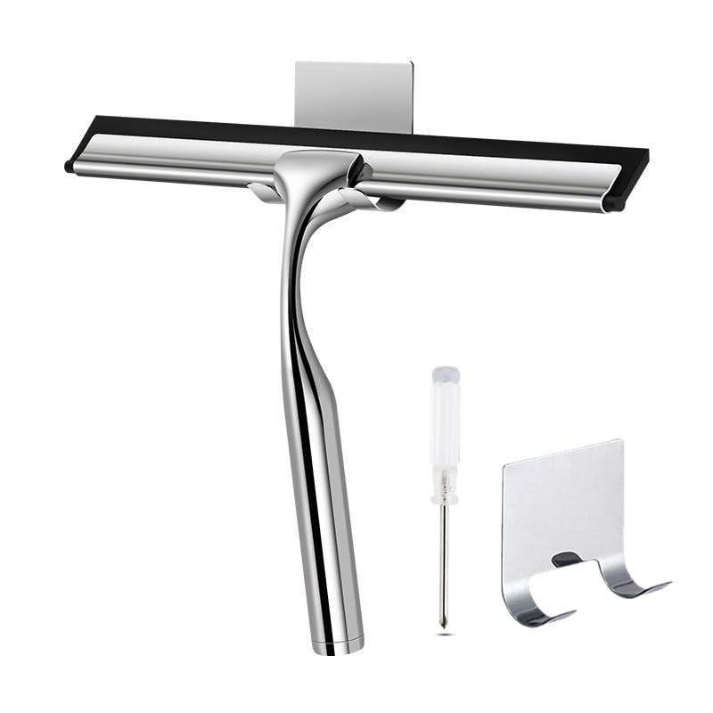 Shower Squeegee ,Stainless Steel Window Squeegee Cleaner for Shower Glass Door with Hook, Ideal for Car Glass ,Mirror, Window (Silver)