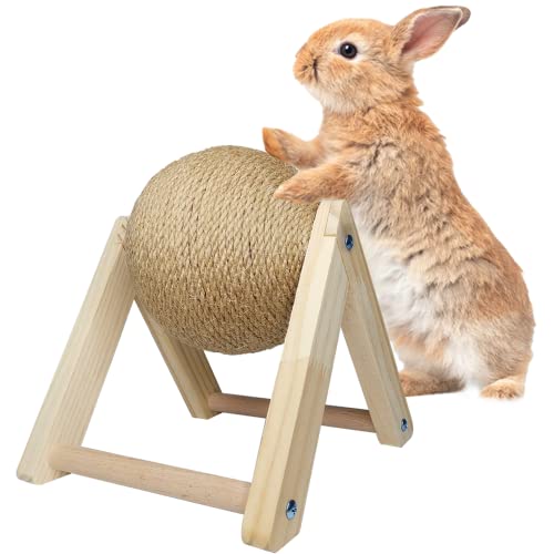 Fhiny Rabbit Scratch Toy, Natural Solid Wood Sisal Scratching Ball for