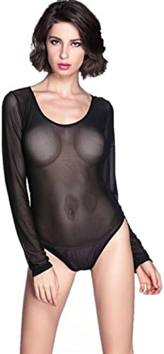 ABERRY Women Sexy Black See Through Long Sleeve Sheer Mesh Bodysuit