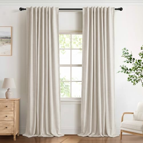 DEFYNEE 100% Blackout Curtains with Concealed Tabs, Linen Look Set of 2 Opaque Curtains Rod Pocket for Bedroom or Living Room - H245 x W140 cm, Cream