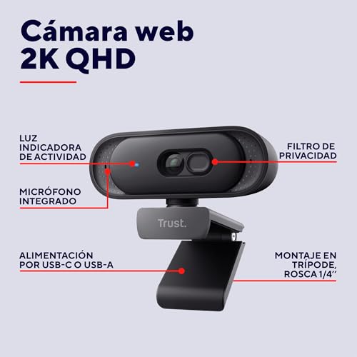 Trust Ovala Webcam 2K QHD with Microphone, Noise Reducer, USB-C/USB-A, Privacy Filter, 75° Viewing Angle, Fixed Focus 30 FPS, Web CAM for Mac Computer Windows Skype Zoom Teams, Black