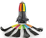 Eladush - Spoon & Pasta Fork,Slotted Spoon, Soup Ladle, Skimmer, Slotted Turner, Non stick 6 piece multi-color kitchen utensils set with hanging holder for cleanliness
