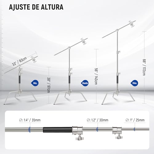 NEEWER Pro 100% Acero Inoxidable Resistente Soporte C con Brazo de Pluma, Altura Máx 68"/172cm Soporte de Luz Fotografía con Brazo 2.7ft/83cm, 2 Cabezales para Monoluz, Softbox, Reflector, SC172