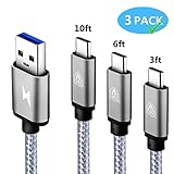 USB Type C Cable, VINSO TECH 3 Pack [3ft,6ft,10ft] USB C Cable Extra Long Nylon Braided Fast Charger Cord For Samsung Note 8,Galaxy S8 Plus,LG V20 G6,Google Pixel,Nexus 6P 5X,Moto Z & More(Gray)