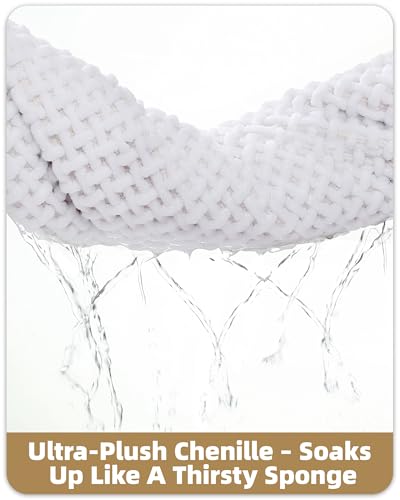 Color&Geometry White Chenille Bathroom Rugs 60x90 cm- Non Slip, Absorbent, Quick Dry, Washable Bathmat Fit Under Door, Thin Bath Mats for Washroom Floor, Woven Shower Mat Outside Shower