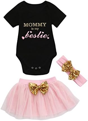 3pcs Girls Clothes Romper+Tutu Skirt+Headband Set, Toddler Baby Kids short-sleeved Letters Dress Suit Suitable for 0-18 Months Baby