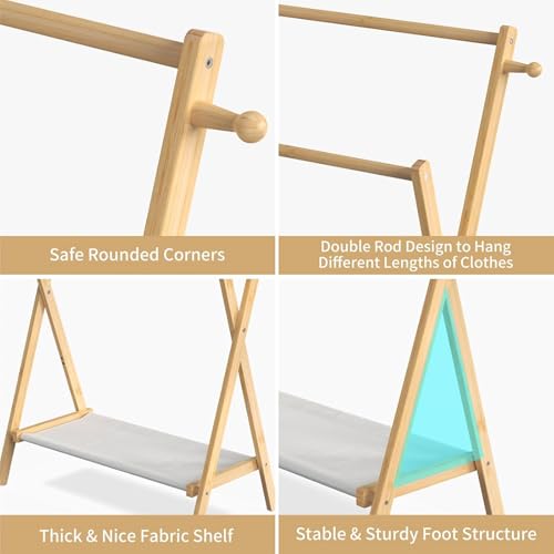 Homodoskey Kids Clothing Rack, Small Clothes Rack for Toddler Pets Dogs Cats, Kids Dress Up Rack with Storage Shelf & Double Rods, Foldable Kids Clothes Rack for Nursery Child's Room