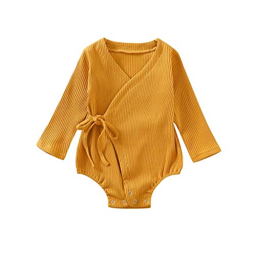 Tomppy Newborn Baby Boys Girls Long Sleeve Romper Solid Kimono Robe Bodysuit Pajamas Infant Unisex Clothes Yellow