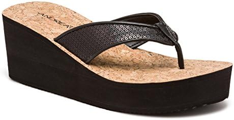 Fashion Black Sequin and Cork Light Women's High Sandal Flip Flops Wedge (8)