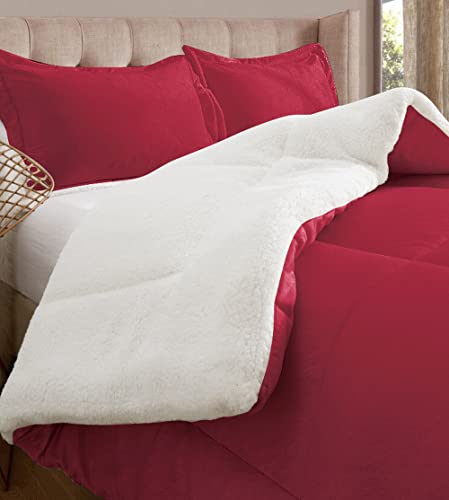 Elegant Comfort Super Soft Sherpa Comforter 3-Piece Set Premium Quality, Heavy Weight Reversible Down Alternative Micro-Suede, Sherpa Comforter, King, Flaming Burgundy