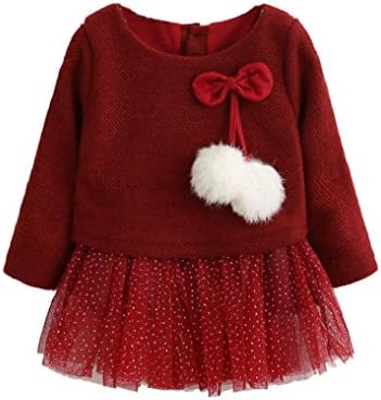 CocoMarket Baby Girls Long Sleeve Princess Dress with Knitted Bow (90, Red)