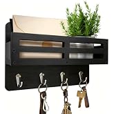 KISENG Key Holder Wall Mount, 10 inch Decorative Key and Mail Holder for Wall, with Mail Organizer &amp; 4 Key Hooks, Rustic Wooden Key Rack for Hanging Dog Leash Sunglasses, Entryway Key Hanger, Black