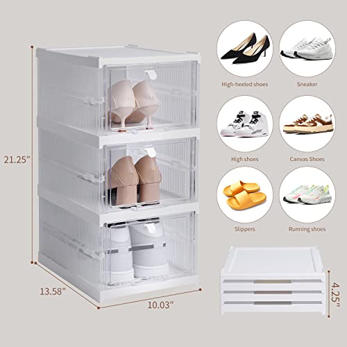 Plastic Storage Bins with Lids - Shoe Storage Shoe Organizer Shoe box Sneaker Storage Collapsible Storage bins Stackable Storage Totes Storage Container for Organizing Flodable Storage Bins (3 Pack)