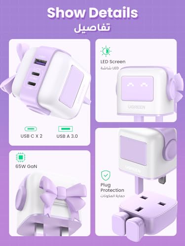 UGREEN UNO 65W USB C Charger 3-Port Nexode GaN Fast Charge Wall Plug Funny LED Display Compact Type-C Power Adapter Compatible for MacBook/HP/Dell/Lenovo, iPhone 17 Pro Max, Galaxy S25 Ultra- Purple