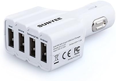 SUNYEE 36W/7.2A 4 Port USB Car Charger Power Adapter with AIPower tech for Apple iPad Air 2, iPad Air, iPad 4, 3, mini3, mini, iPhone 6, iPhone 6 Plus, iPhone 5S, 5, 4S,4; Samsung Galaxy S5, S4, S3, note 4, Note3, Note 2, Galaxy Tab; Nexus 10, 7, 6, 5, 4; LG G3, Optimus; HTC ONE M8; Motorola Moto G, Moto X; Bluetooth Speaker, GPS, External Battery Charger and Many other USB-Powered Mobile Devices (SUNYEE White)