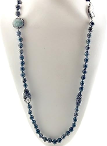 Monika Friend, Grey Labradorite Beaded Necklace, Amazonite, Coin Freshwater Pearls, Black Crystals, 42"