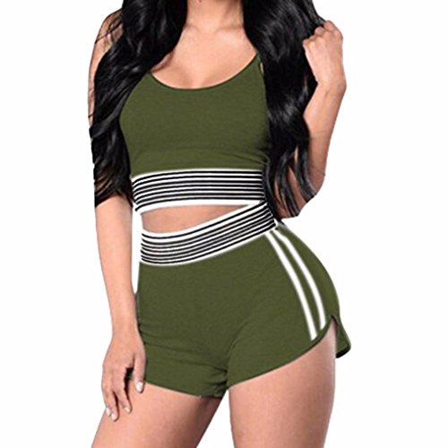 Pocciol Pants, Womens Sexy 2 Piece Tank Top+Pant Striped Sport Active Gym Shorts Tracksuit Trousers (Green, M)