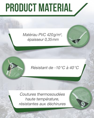 FoundGo Transparent Outdoor Tarpaulin 2.5 x 3 m with Eyelets, PVC 420 g/m², Waterproof, Tear-proof, Reinforced Tarpaulin Protection for Pergola, Terrace, Conservatory, Greenhouse, Rope and Cable Ties Included