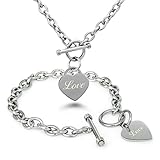 Tioneer Stainless Steel Engraved Love Heart Charm Bracelet and Necklace