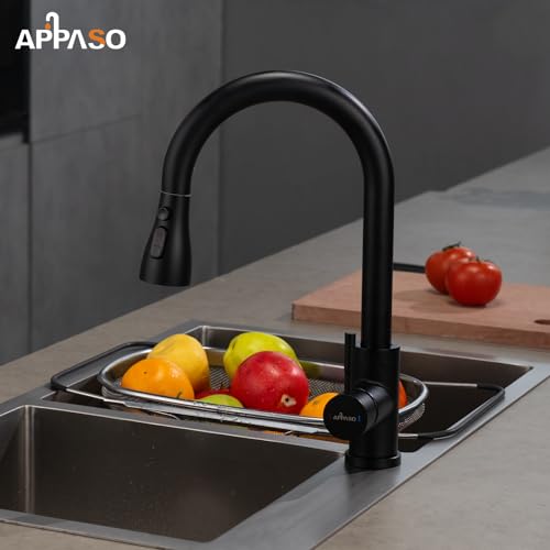 APPASO Black Kitchen Taps Mixer, 360° Swivel Kitchen Sink Faucet with Pull Out Spray 3 Modes, Stainless Steel Pull Down Sink Taps for Kitchen, Matte Black
