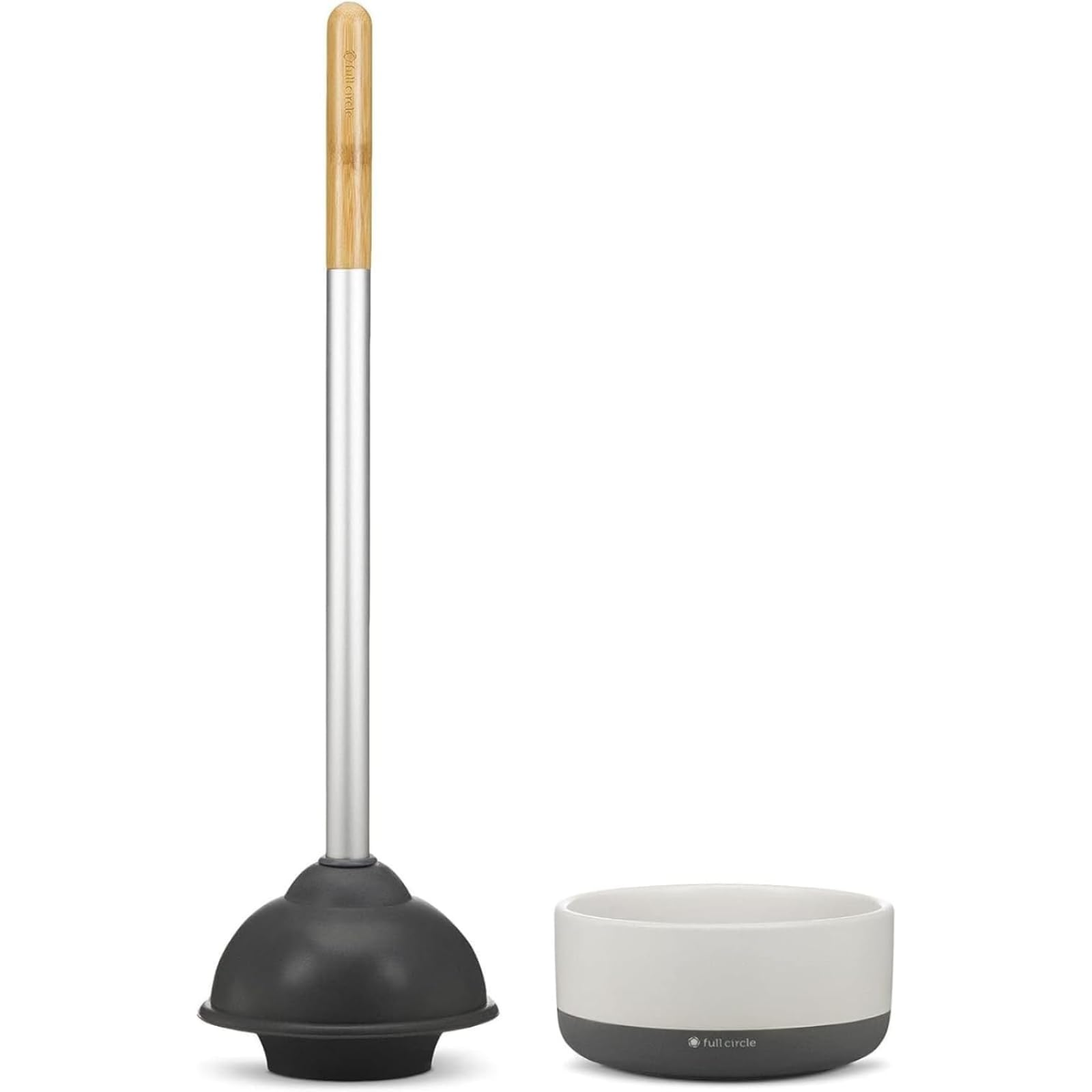Full Circle Royal Plunge – Bathroom Toilet Plunger with Bamboo Handle and White Ceramic Holder