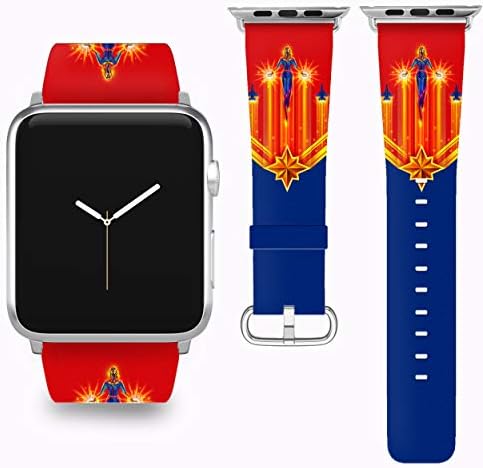 Wrist Band Strap with Captain Marvel Design Compatible with Apple Watch iWatch All Series 38 40 42 44 mm Series 1 Series 2 Series 3 Series 4 Leather Replacement Strap