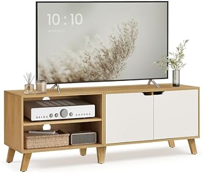 Mueble de TV de 2 Puertas, Soporte de TV con Estantes Ajustables, Largo de 140 cm, para Televisores de 60 Pulgadas, para Salón, Comedor, Dormitorio, Roble Natural y Blanco Crema LTV027N01
