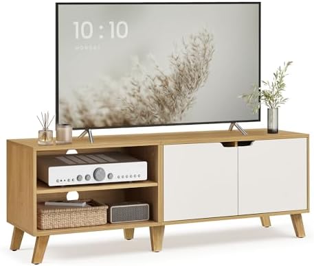 Mobile TV per Televisore fino a 60 Pollici, Armadietto per TV con 2 Ante, Ripiani Regolabili, Lungo 140 cm, per Soggiorno, Camera da Letto, Rovere Naturale e Bianco Crema LTV027N01
