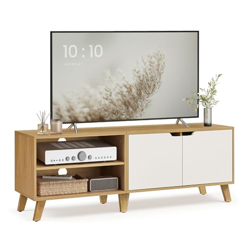 Mobile TV per Televisore fino a 60 Pollici, Armadietto per TV con 2 Ante, Ripiani Regolabili, Lungo 140 cm, per Soggiorno, Camera da Letto, Rovere Naturale e Bianco Crema LTV027N01