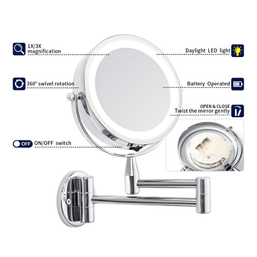 Led Cosmetic Mirror Wall Mounted, Double Side, 1X/3X Magnification, Adjustable, Rotating Function, Stainless Steel Lighted Vanity Mirror, Powered by 4 x AAA batteries (not included)
