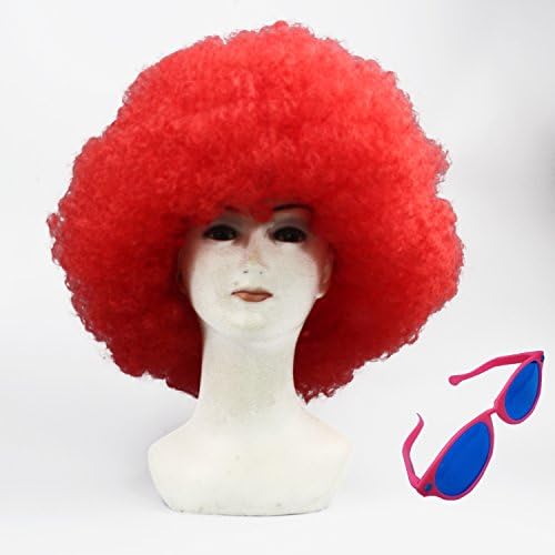 CosHouse Unisex Red Short Afro Curly Party Wig with Glasses