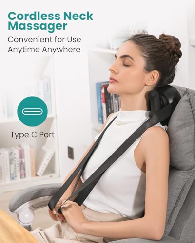 Nekteck Masajeador de cuello inalámbrico, masajeador Shiatsu de cuello y espalda con calor, almohada de masaje de tejido profundo 6D para aliviar el dolor de cuello y hombros, regalo ideal para hombres y mujeres.